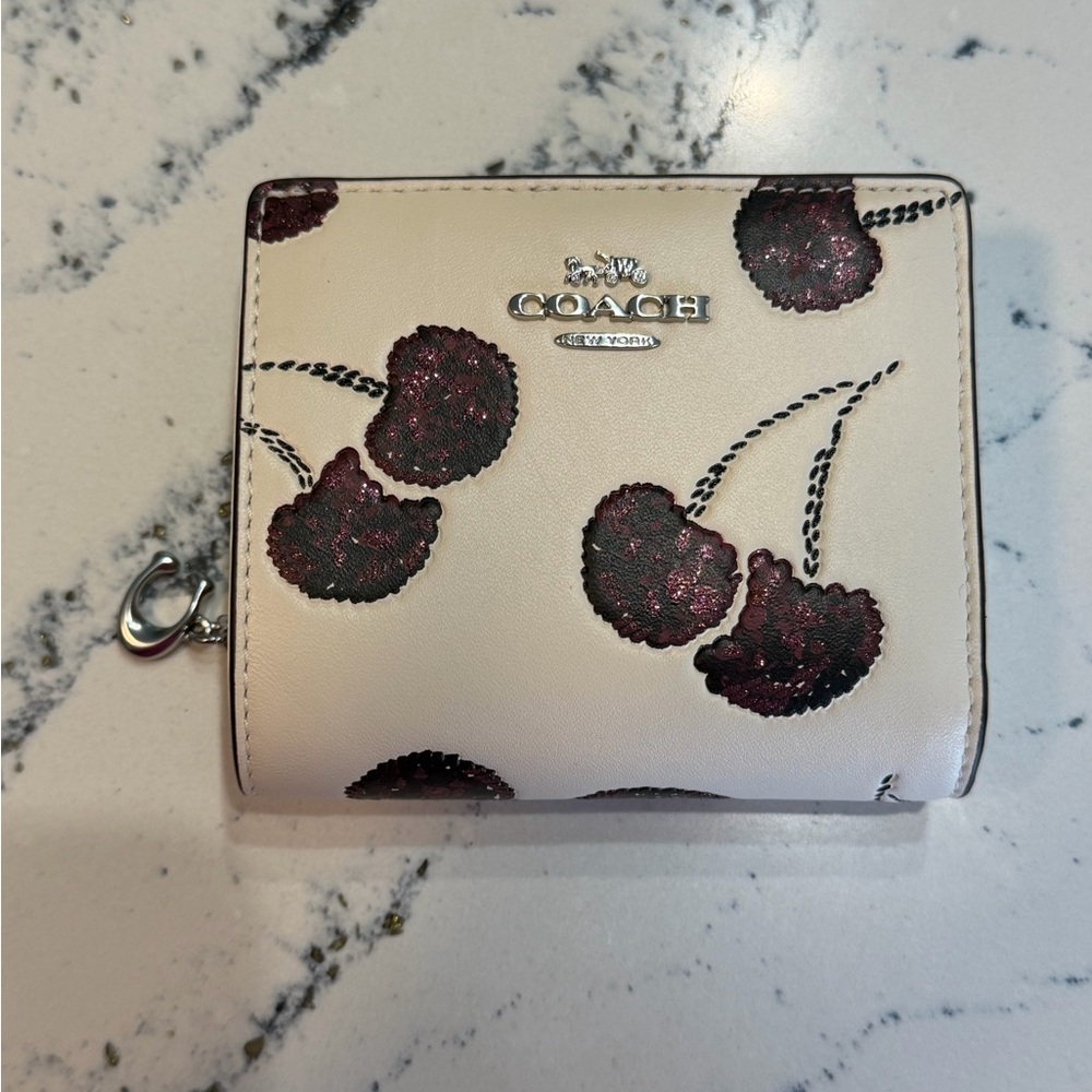 NWT Coach Snap Wallet with Cherry Print in Chalk Silver